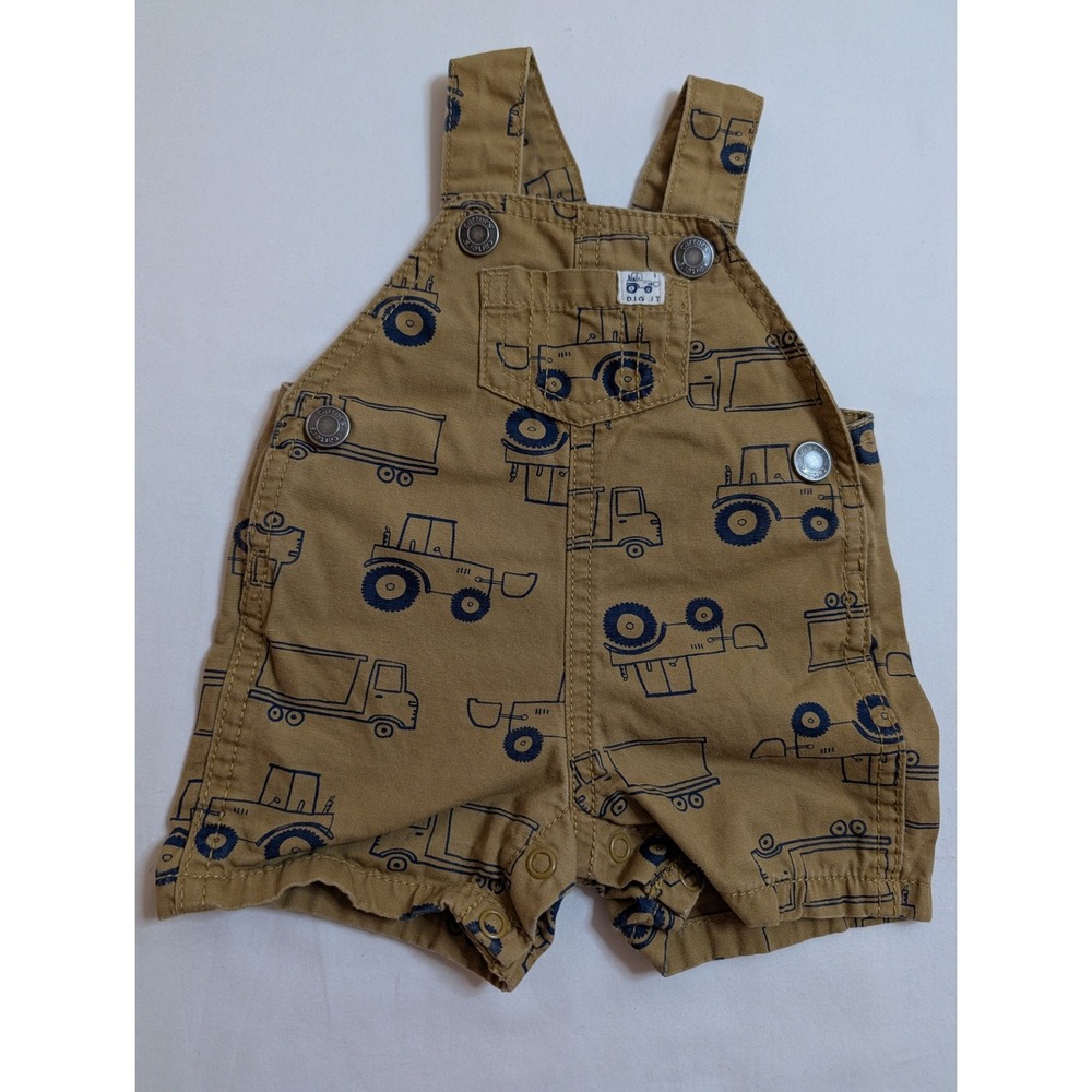 Carters Newborn‎ Tan Canvas Tractor Print Shortall Overalls Dig It Construction